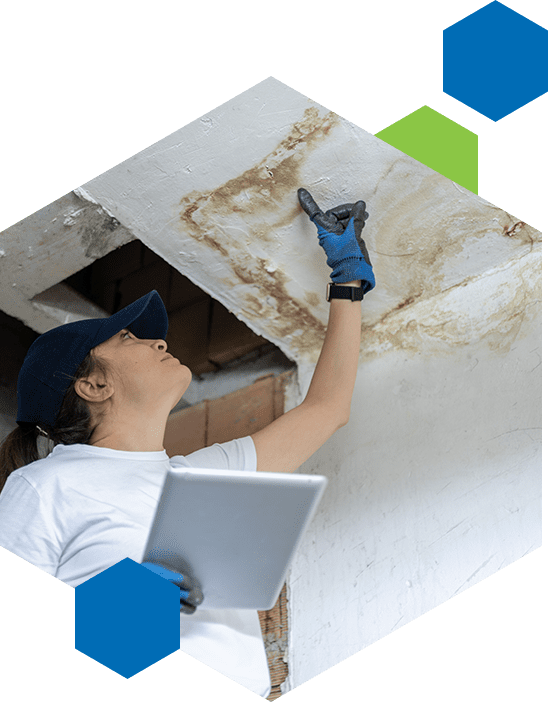 A person in white shirt and blue hat working on ceiling.